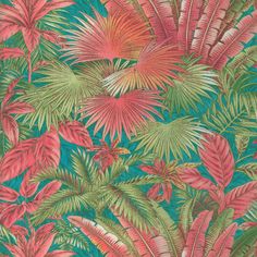 a green and pink tropical wallpaper with palm leaves on the bottom right hand corner