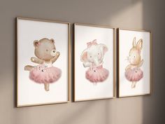 three framed pictures with animals in pink tutues and an elephant on the wall