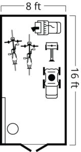 the floor plan for a bathroom with two sinks and three toilets, including an overhead shower