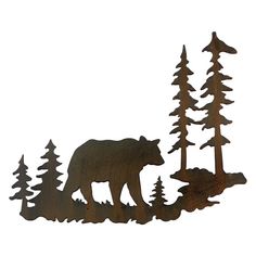 the bear is standing in the woods by the trees