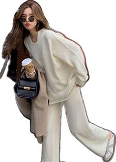 Beige Casual Sets For Fall, Casual Cream Sets For Fall, Casual Fall Sets With Long Pants, Casual Sets With Long Pants For Fall, Sweater Two Piece Set, Relaxed Fashion, Wide Leg Pant Suit, Knitted Suit, Sweater Tops