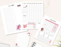 the printable planner pages are lined up on top of each other, with pink flowers