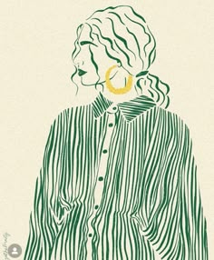 a drawing of a woman wearing a striped shirt with a yellow ring in her ear