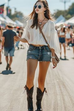 65+ Black Cowboy Boots Outfit Ideas for Summer 2024 - From The Guest Room Black Jeans And Cowboy Boots Outfit, Cowgirl Shorts Outfits, Black Cowboy Boots Outfit Summer, Shorts With Cowboy Boots, Skirt And Cowboy Boots Outfit, Shorts With Boots, Shorts And Cowboy Boots Outfit, Shorts In Winter, Short Boots Outfit