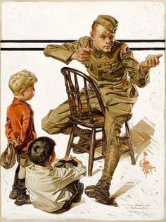 a drawing of a soldier sitting in a chair with two children on the ground and pointing at him