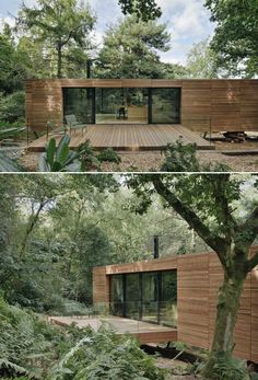 two pictures of a house in the woods with trees and plants on either side of it