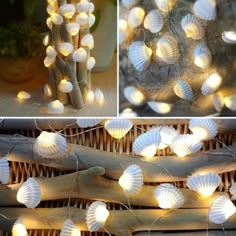 some lights that are sitting on top of a wooden table and in front of a tree