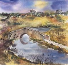 a watercolor painting of a bridge over a river