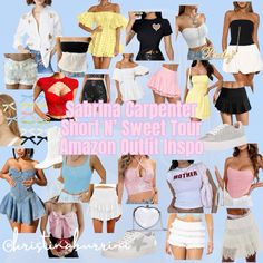 there are many different pictures of women in short skirts and tops with the words, santa carpenter's short k'sweet tour amazon outfit history