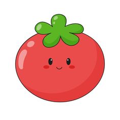 a red tomato with a green leaf on it's head and eyes, smiling