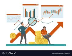 two people standing on stacks of coins and looking through a magnifying glass at an upward graph