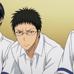 three anime guys with black hair and glasses are looking at something in front of them