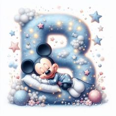 a mickey mouse birthday card with the number nine on it's face and stars