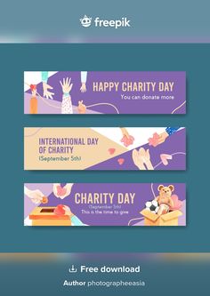 three banners for charity day with teddy bears and other items on the front, one is purple