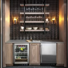 a kitchen with wooden cabinets and shelves filled with wine glasses, plates and bowls on the counter