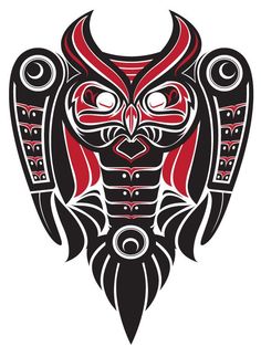 an owl mask with red and black designs on it's face, in the style of native art