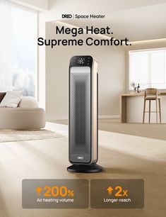 an advertisement for the new mega heat supreme comfort air purificater from space heater