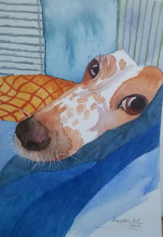 a painting of a dog laying in bed with its head on the pillow and his eyes open