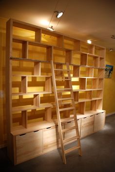 a ladder leaning against a bookshelf in a room