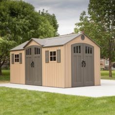 an outdoor storage shed with two doors and windows