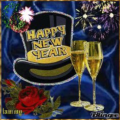 two glasses of champagne and a top hat with the words happy new year on it