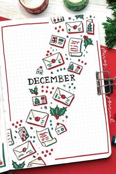 a christmas card with the word december surrounded by holiday decorations and other festive items