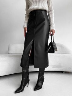 Details Composition: 55% Polyurethane. 45% Polyester Design: Split Style: Casual Thickness: Regular Sheer: No ... A Line Leather Skirt Outfit, A Line Leather Skirt, Midi Leather Skirt, Black Wrap Skirt, Leather Skirt Outfit, Faux Leather Midi Skirt, Pu Leather Skirt, Fashion 90s, Leather Midi Skirt