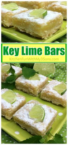 key lime bars on a green plate with limes