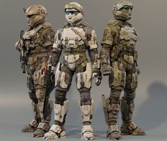 three soldiers are standing next to each other in full body armor and helmets, all looking different directions