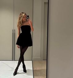 Formal Dress Aesthetic Short, Short Black Dress Heels, Little Black Dress And Tights, Elegant Birthday Party Outfit, Black Short Dress With Tights, Dresses With Tights And Heels, Black Mini Dress And Tights, Black Dresses Classy Short, Black Mini Dress With Stockings Outfit