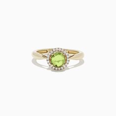 Effy 14k Yellow Gold Peridot and Diamond Ring, 1.10 TCW Luxury Peridot Three Stone Rings, Luxury Fine Jewelry Peridot Rings, Yellow Stone, Gold Yellow, Sapphire Ring, Round Diamonds, Gold Metal, Diamond Ring, Gemstone Rings