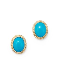 The vivid hue of turquoise cabochons define these stud earrings of 14K yellow gold. Turquoise Diamond Earrings, Fine Jewelry Earrings, Small Stud Earrings, Yellow Gold Jewelry, Small Earrings Studs, Exclusive Jewelry, Fine Jewellery Earrings, Dream Jewelry, Turquoise Earrings