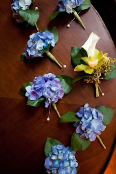 several blue and yellow flowers on a wooden table