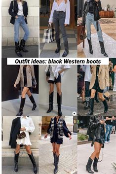 Summer Looks With Boots, Black Cowboots Outfits, Black Cowboys Boots Outfit, Fall Western Boot Outfit, How To Style Black Cowgirl Boots, Western Boots Outfit 2023, Looks With Cowboy Boots, Black Cowboy Boots Outfit Women, Black Boots Outfit 2023