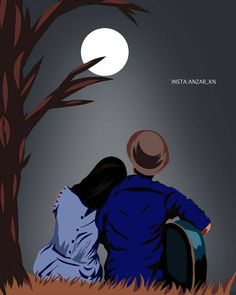 two people sitting under a tree looking at the moon in the sky with their backs to each other