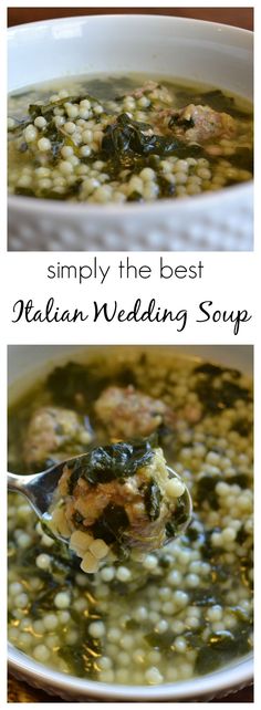 two pictures showing the same soup in different bowls, one with meat and spinach