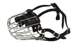 a metal caged muzzle with black leather straps on a white background for use as a headgear