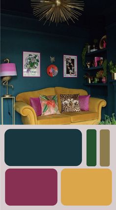 a living room with green walls and yellow couch in the center, pink pillows on the back