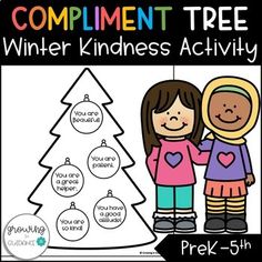 two children standing next to a christmas tree with the words winter kindness activity on it