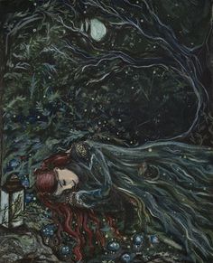 a painting of a woman with long hair laying on the ground next to a tree