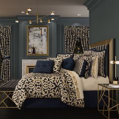 a bedroom with blue and gold bedding, black curtains, and a painting on the wall