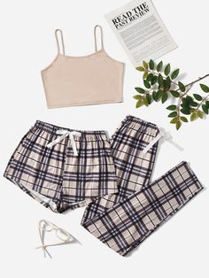 Free Returns ✓ Free Shipping✓. 3pcs Plaid Knot Front Cami PJ Set / Pajama Set- Women Pajama Sets at SHEIN. Pyjama Trousers, Loungewear Fashion, Summer Pajama Set, Plaid Pajama Pants, Short Loungewear