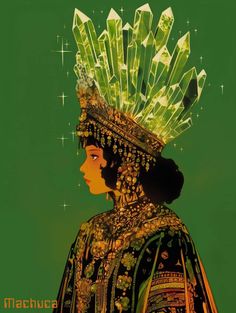 a woman wearing an elaborate headdress with crystals on her head and green background