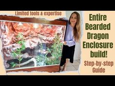 a woman standing in front of a fish tank with the words, enter bearded dragon enclosure build step - by - step guide