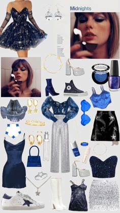 a collage of blue and silver items including shoes, clothing, necklaces and jewelry