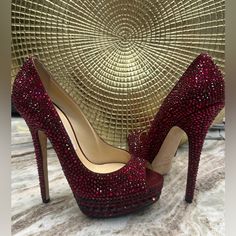 New In The Box Jimmy Choo Crystal Embellished Peep-Toe Platform Sole Protectors Added Quinceanera High Heels Red, Jimmy Choo Heels Wedding, Red Sparkly Heels, Sparkly Heels Prom, Gold Prom Shoes, Quince Outfits, Gold Heels Prom, Red Wedding Shoes, High Heels For Prom