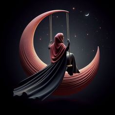 a person sitting on a swing in the middle of a crescent with a moon behind them