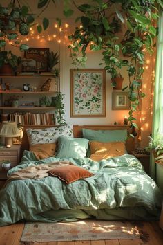 a bedroom with lots of plants hanging from the ceiling and lights on the windowsill