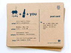 two pieces of brown paper with blue and white designs on them that say, you postcard