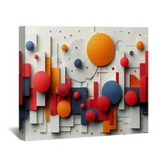 an abstract painting with red, orange and blue circles on white canvas print wall art